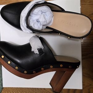 Veronica Beard Black Leather Mules with Gold Studs